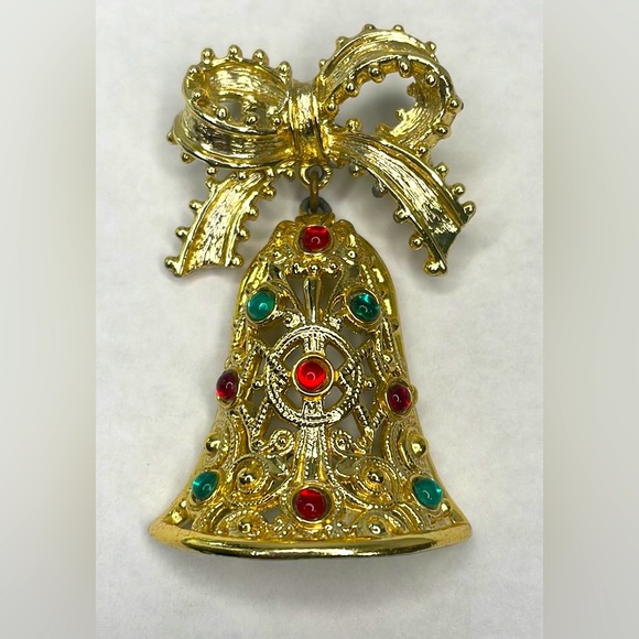 Vintage Tancer II Holiday Bell with Bow and Rhinestones Brooch - Picture 5 of 5
